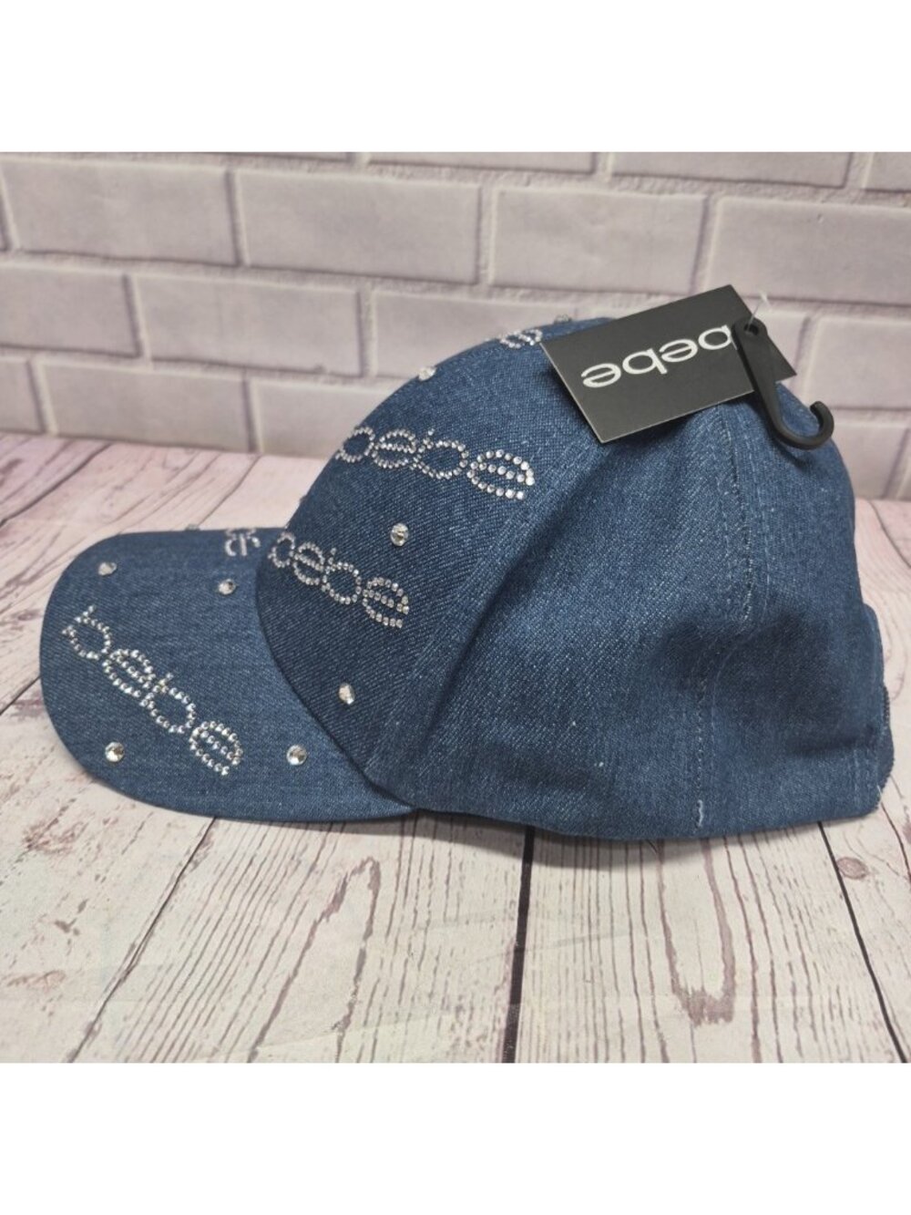 New BEBE Rhinestone Bling Blue Denim Women's Adjustable Hat~Spell Out All Over - Picture 2 of 6